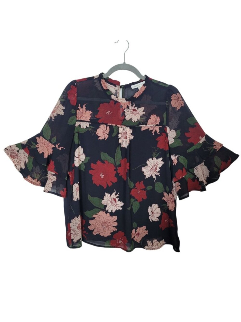 Monteau Los Angeles Black Floral Blouse Flutter Bell Sleeves Ruffles Collar XL